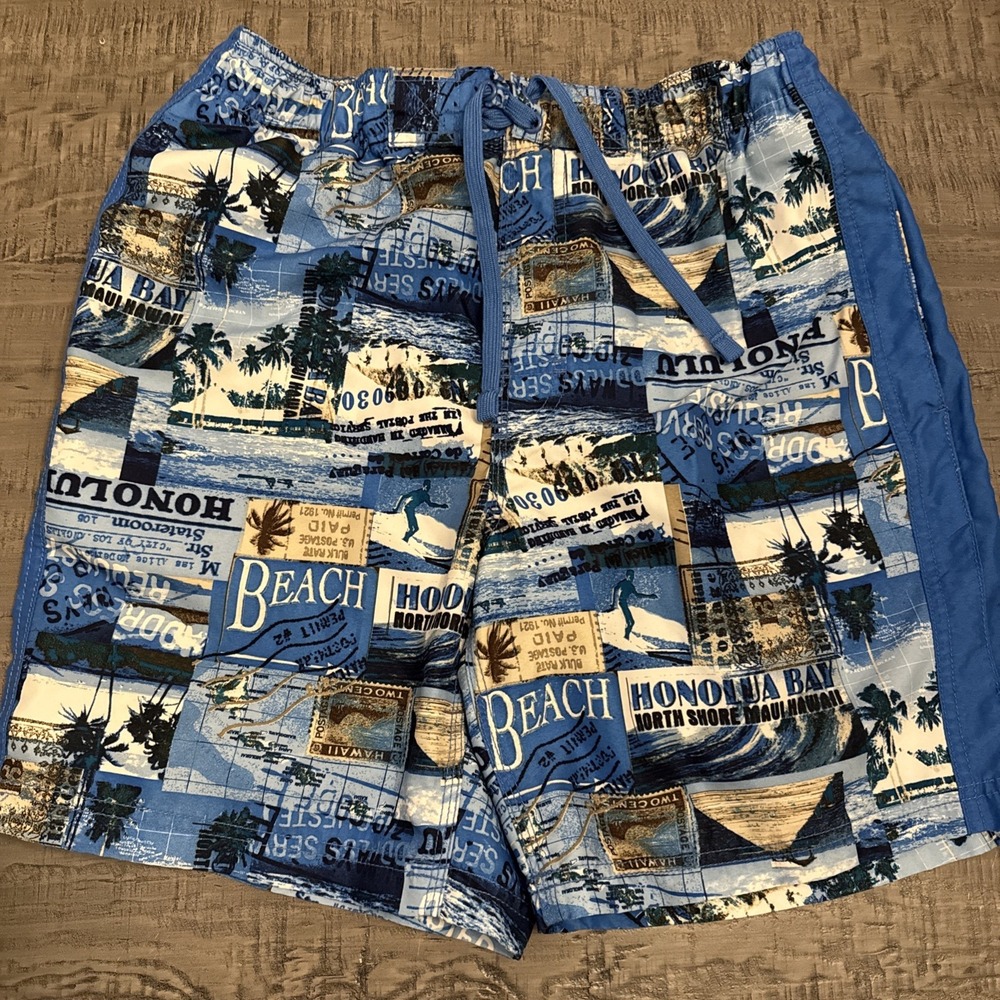 Islandr Hawaiian Beach Surf Stamps Swim Trunks Shorts Men Size S Blue